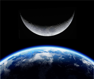 Earth and the Moon half illuminated - edited together into a single image so both crescents face each other vertically.